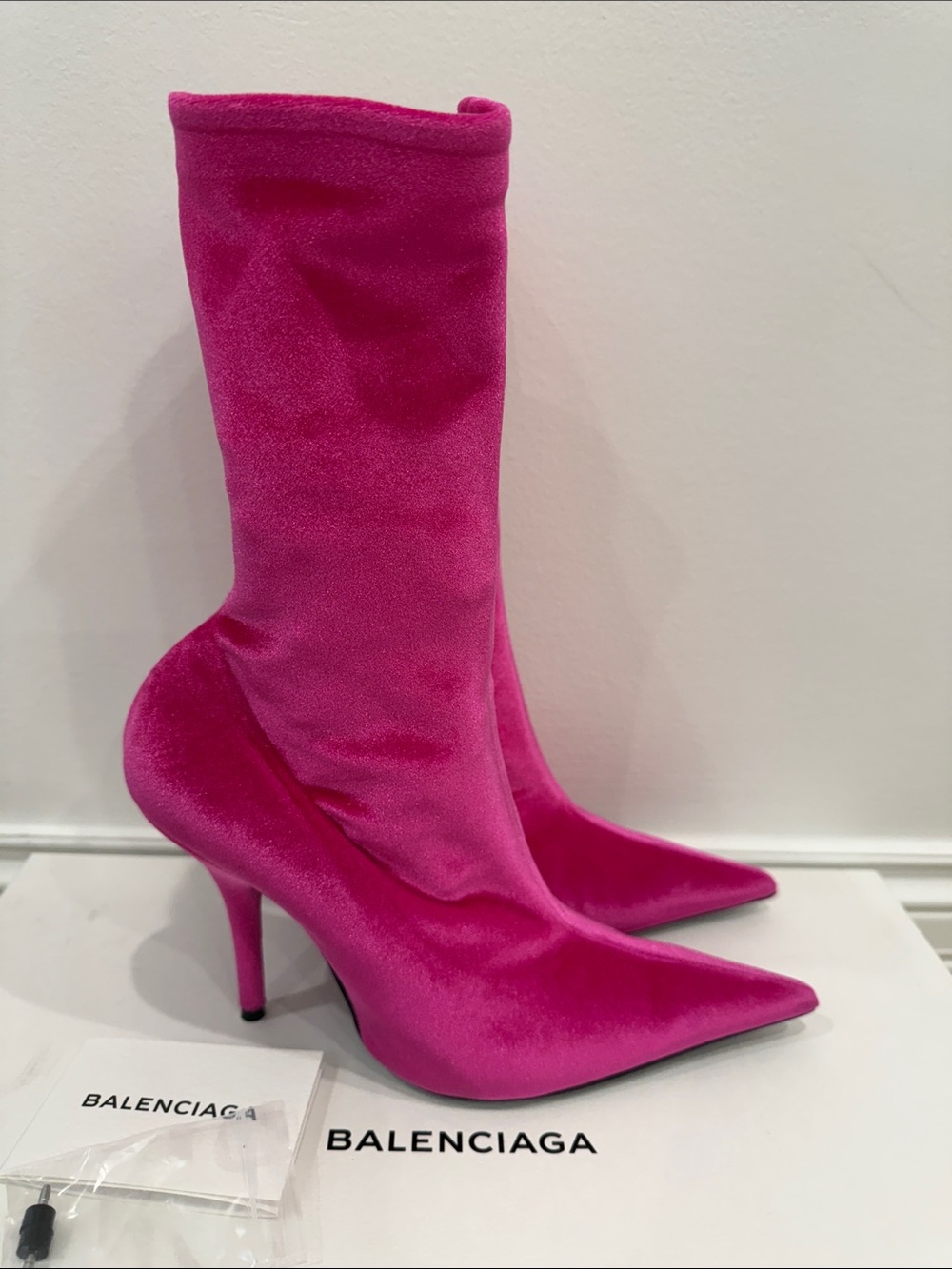 Balenciaga Hot Pink Velvet Knife Sock Boots 37 Rare Runway Boutique Purchased
